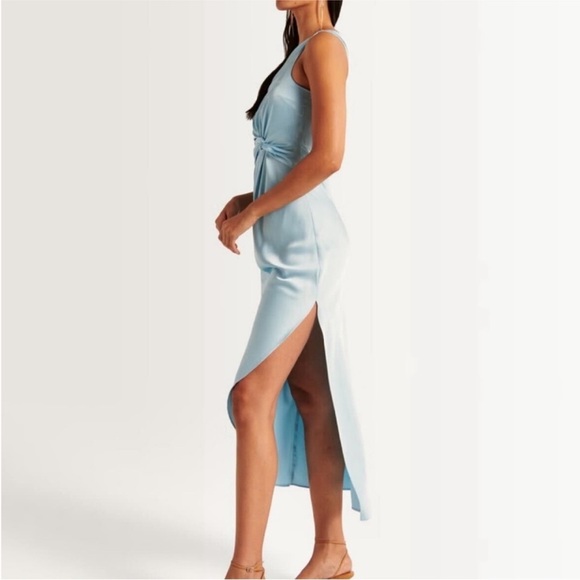 Abercrombie Light Blue One Shoulder Satin Knotted Midi Dress NEW - Picture 3 of 9